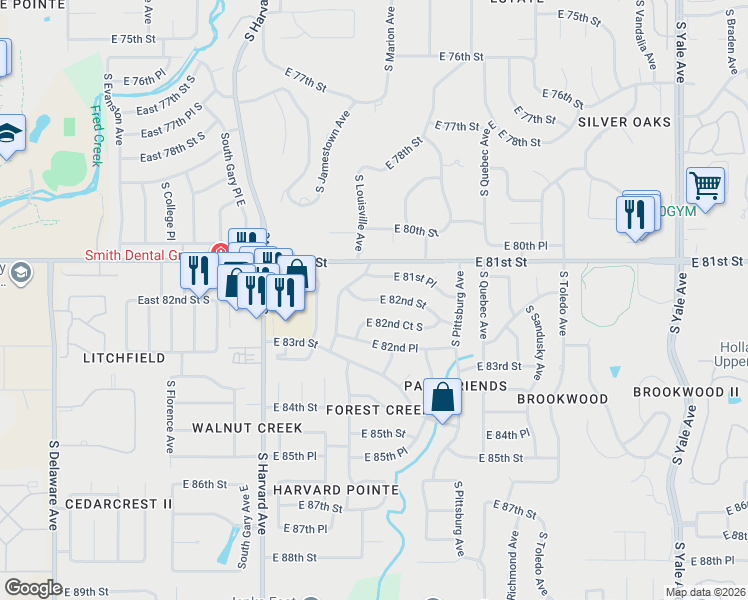 map of restaurants, bars, coffee shops, grocery stores, and more near 3718 East 82nd Street in Tulsa