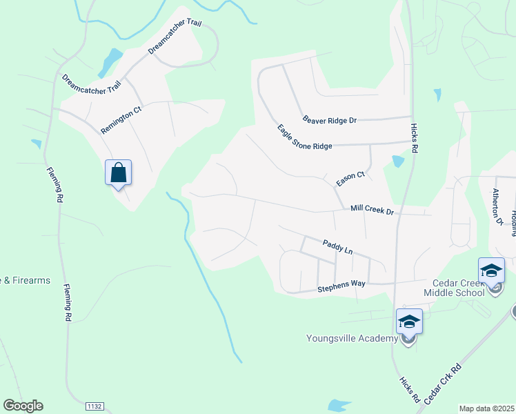 map of restaurants, bars, coffee shops, grocery stores, and more near 183 Mill Creek Drive in Youngsville