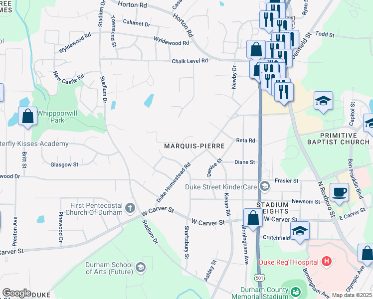 map of restaurants, bars, coffee shops, grocery stores, and more near 3411 Marquis Drive in Durham