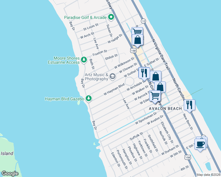 map of restaurants, bars, coffee shops, grocery stores, and more near 416 Hayman Boulevard in Kill Devil Hills