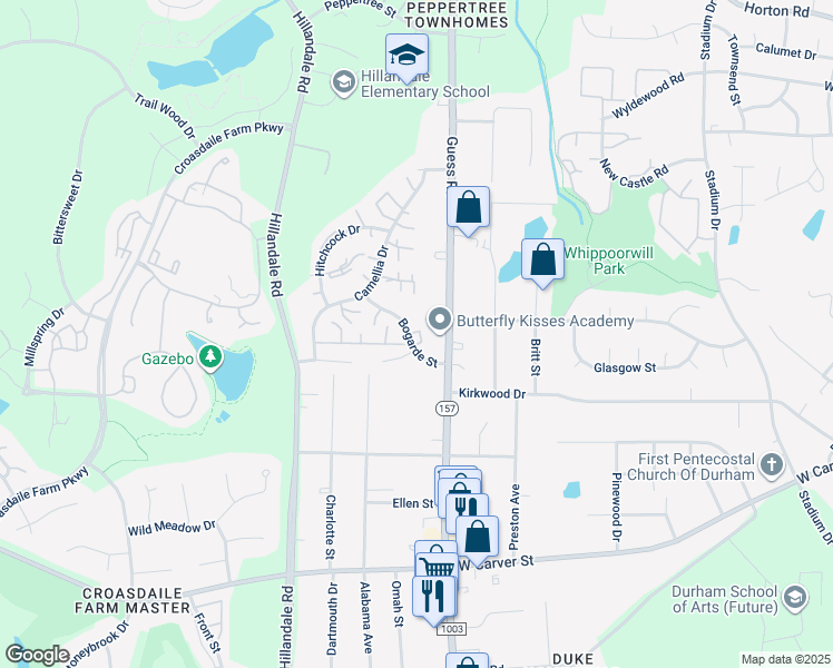 map of restaurants, bars, coffee shops, grocery stores, and more near 3609 Crystal Court in Durham