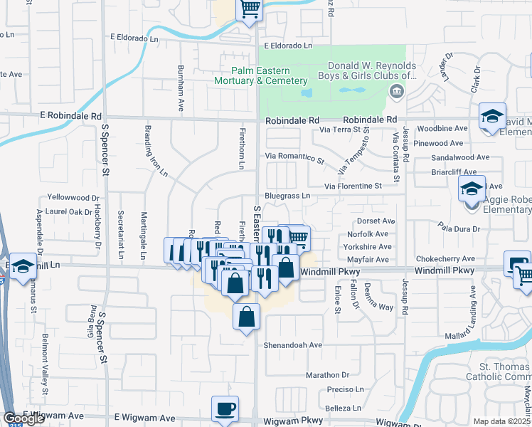 map of restaurants, bars, coffee shops, grocery stores, and more near 2975 Bluegrass Lane in Henderson