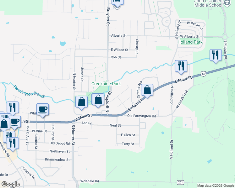 map of restaurants, bars, coffee shops, grocery stores, and more near 166 Ruth Street in Farmington
