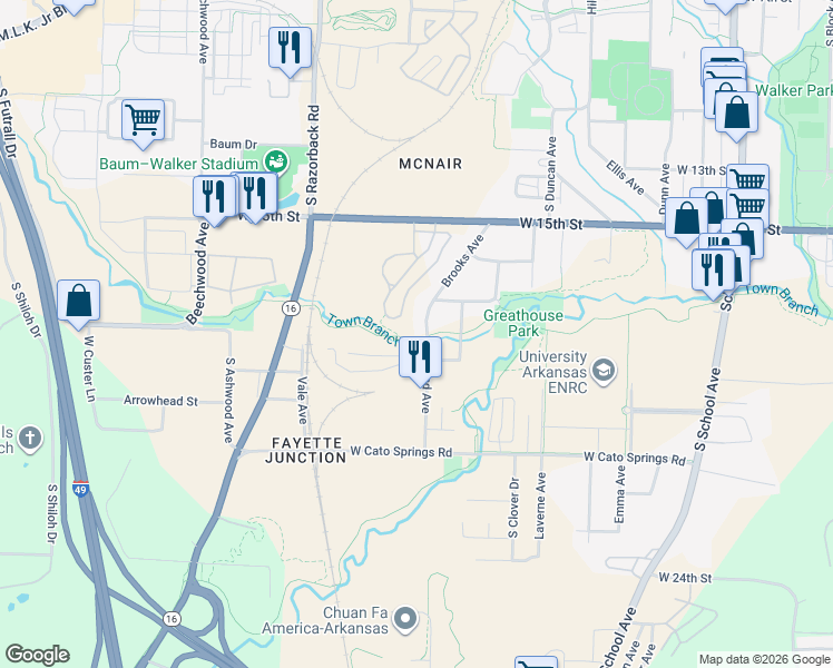 map of restaurants, bars, coffee shops, grocery stores, and more near 1763 South Garland Avenue in Fayetteville