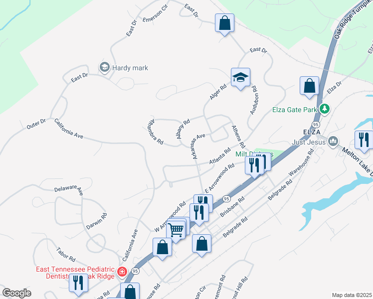 map of restaurants, bars, coffee shops, grocery stores, and more near 128 Albany Road in Oak Ridge