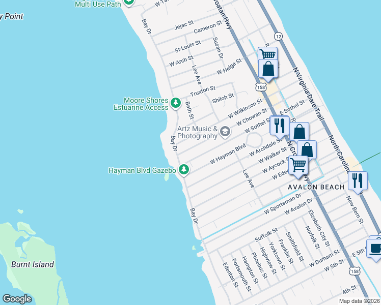 map of restaurants, bars, coffee shops, grocery stores, and more near 533 W Chowan St in Kill Devil Hills