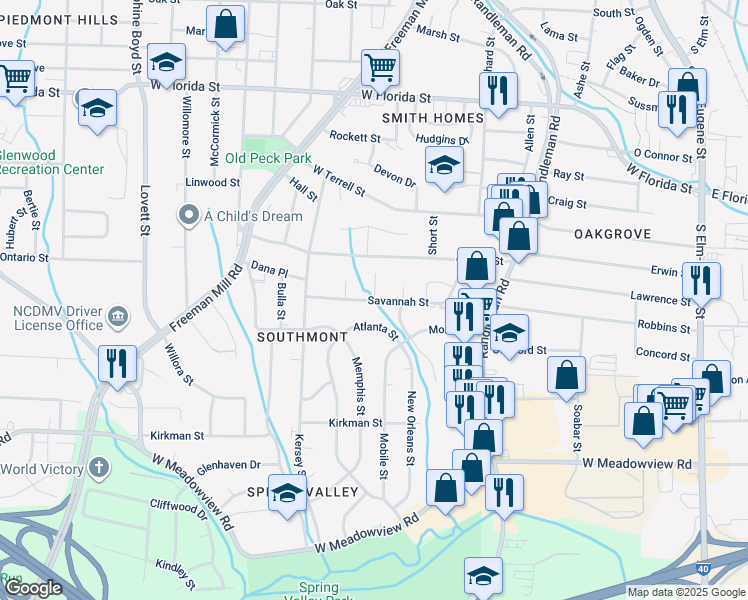 map of restaurants, bars, coffee shops, grocery stores, and more near 2299 Miami Street in Greensboro