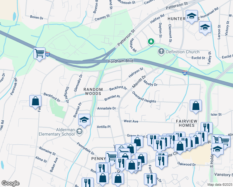 map of restaurants, bars, coffee shops, grocery stores, and more near 4104 Bramlet Place in Greensboro
