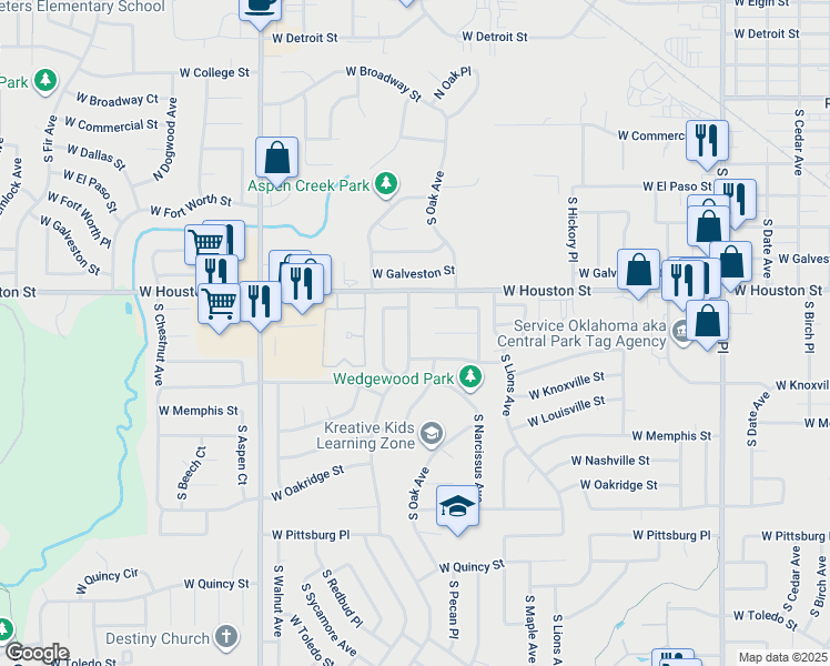 map of restaurants, bars, coffee shops, grocery stores, and more near 901 South Poplar Avenue in Broken Arrow