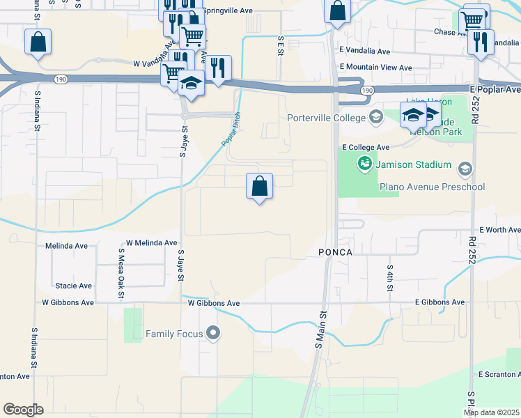 map of restaurants, bars, coffee shops, grocery stores, and more near 1300 South F Street in Porterville
