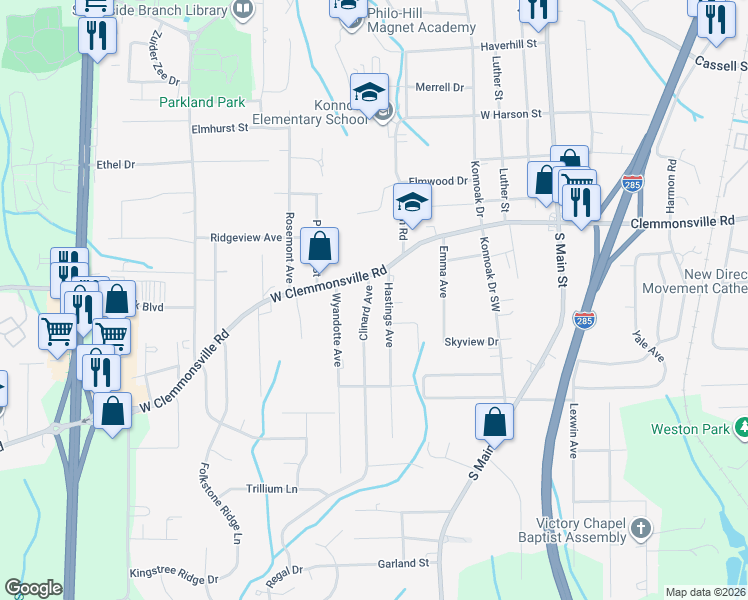 map of restaurants, bars, coffee shops, grocery stores, and more near 3619 Clinard Ave in Winston-Salem