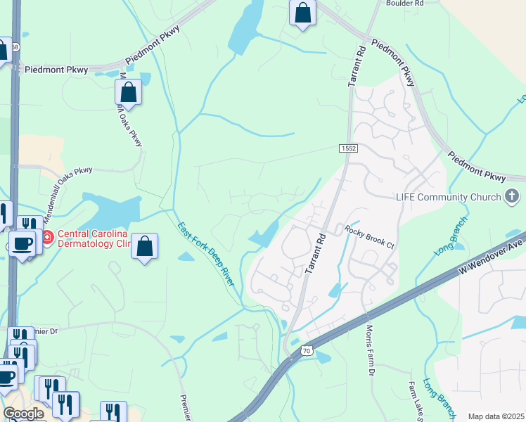 map of restaurants, bars, coffee shops, grocery stores, and more near 4316 Mossy Wood Circle in Greensboro