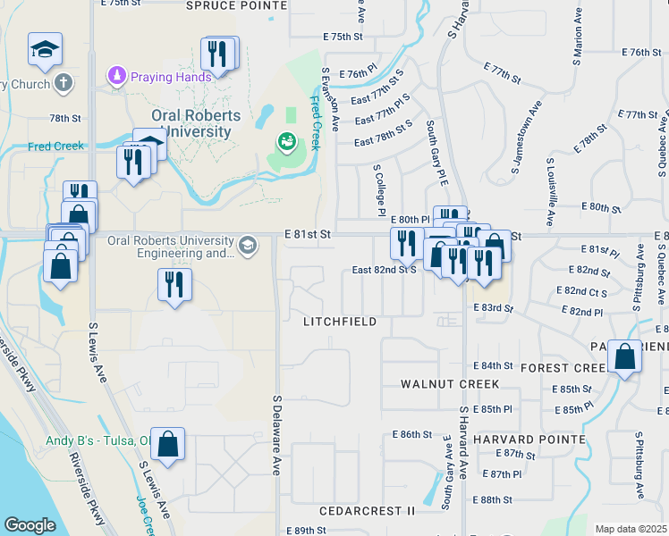map of restaurants, bars, coffee shops, grocery stores, and more near 8202 South College Avenue East in Tulsa