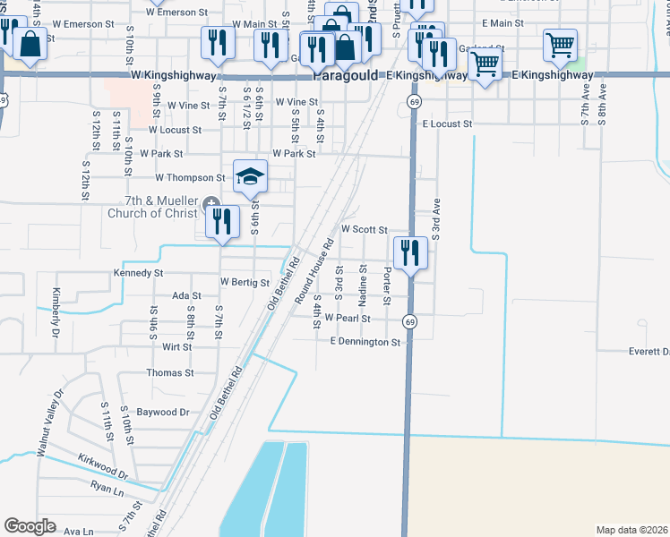 map of restaurants, bars, coffee shops, grocery stores, and more near 1106 South 3rd Street in Paragould