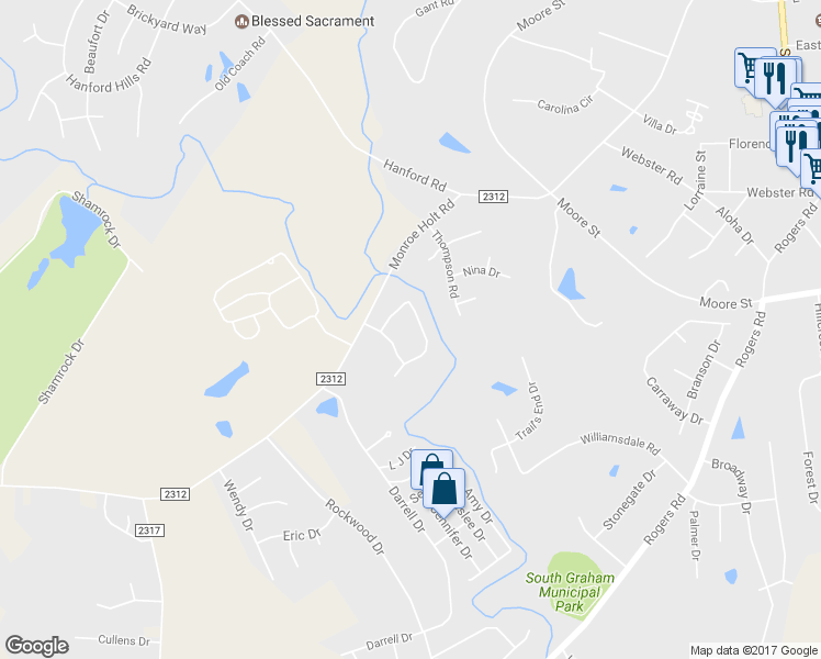 map of restaurants, bars, coffee shops, grocery stores, and more near 721 Aspenwood Drive in Graham