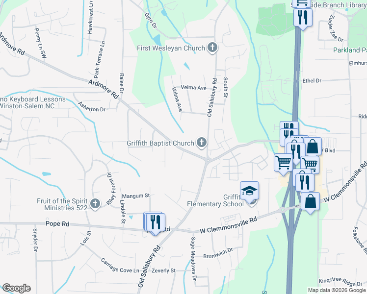 map of restaurants, bars, coffee shops, grocery stores, and more near 1651 Ardmore Road in Winston-Salem