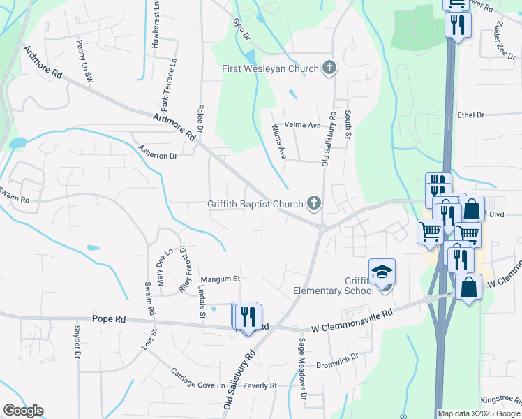 map of restaurants, bars, coffee shops, grocery stores, and more near 2040 Ardmore Village Lane in Winston-Salem