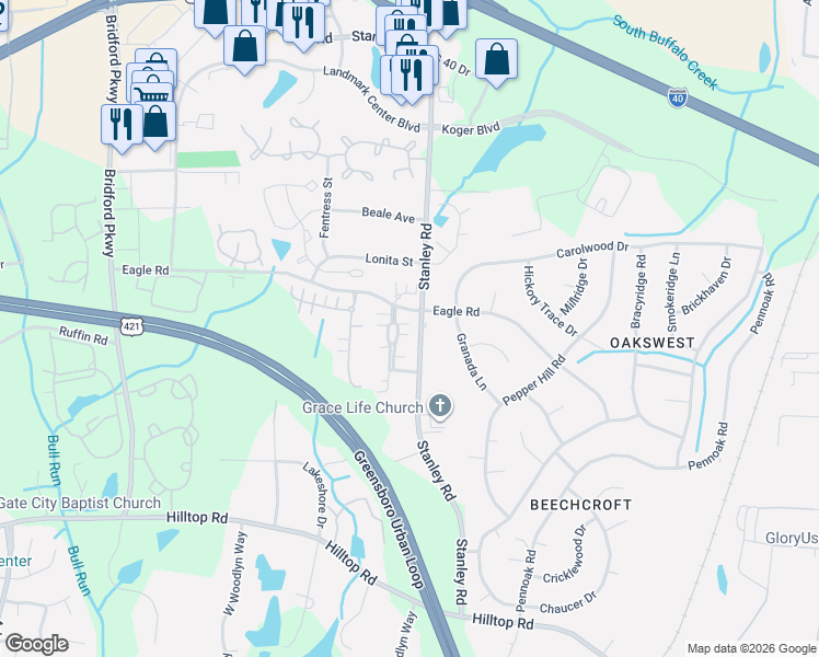map of restaurants, bars, coffee shops, grocery stores, and more near 2209 Eagle Nesting Lane in Greensboro