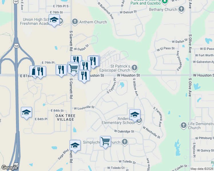 map of restaurants, bars, coffee shops, grocery stores, and more near 4705 West Indianola Street in Broken Arrow