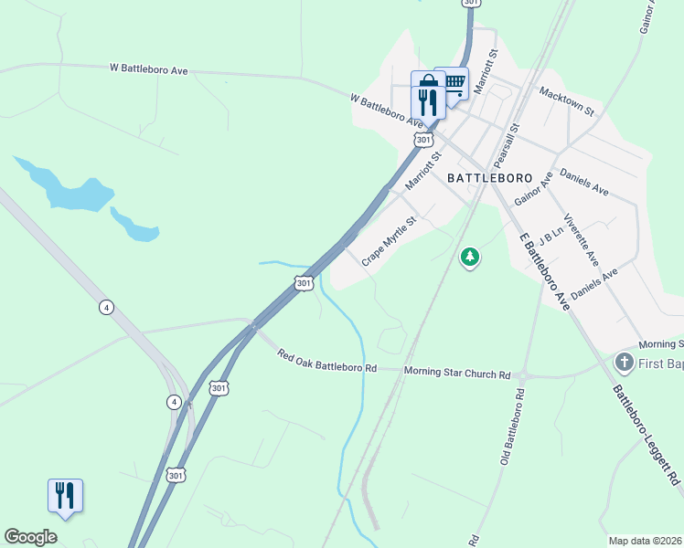 map of restaurants, bars, coffee shops, grocery stores, and more near 4717 Hathaway Street in Rocky Mount