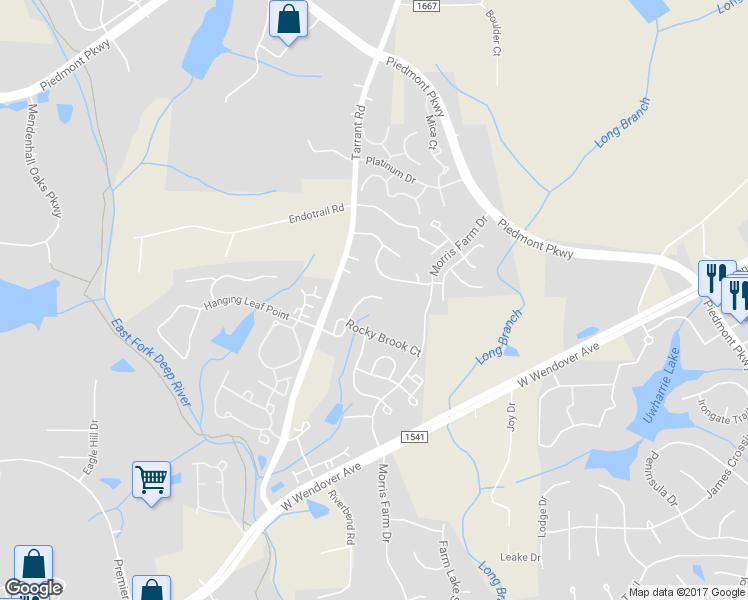map of restaurants, bars, coffee shops, grocery stores, and more near 3698 Waterwheel Court in Greensboro