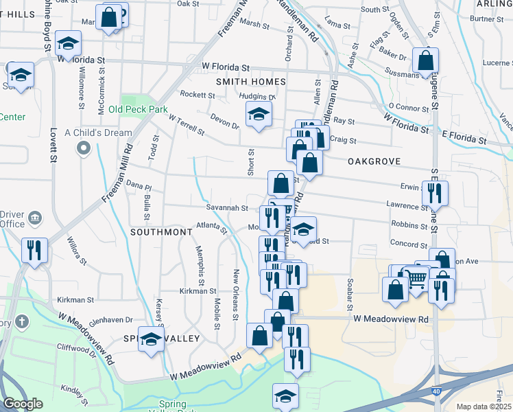 map of restaurants, bars, coffee shops, grocery stores, and more near 502 Savannah Street in Greensboro