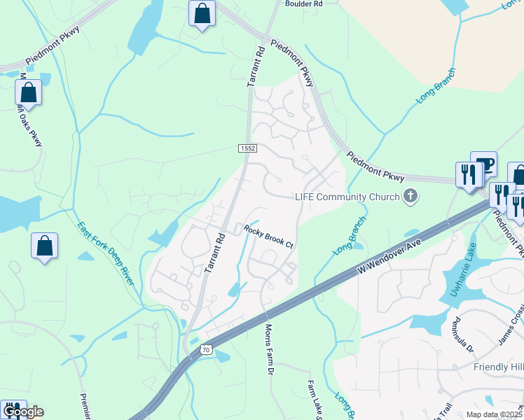 map of restaurants, bars, coffee shops, grocery stores, and more near 3698 Waterwheel Court in Greensboro