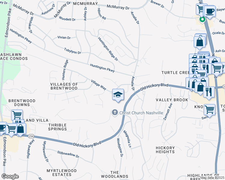 map of restaurants, bars, coffee shops, grocery stores, and more near 5216 Village Way in Nashville
