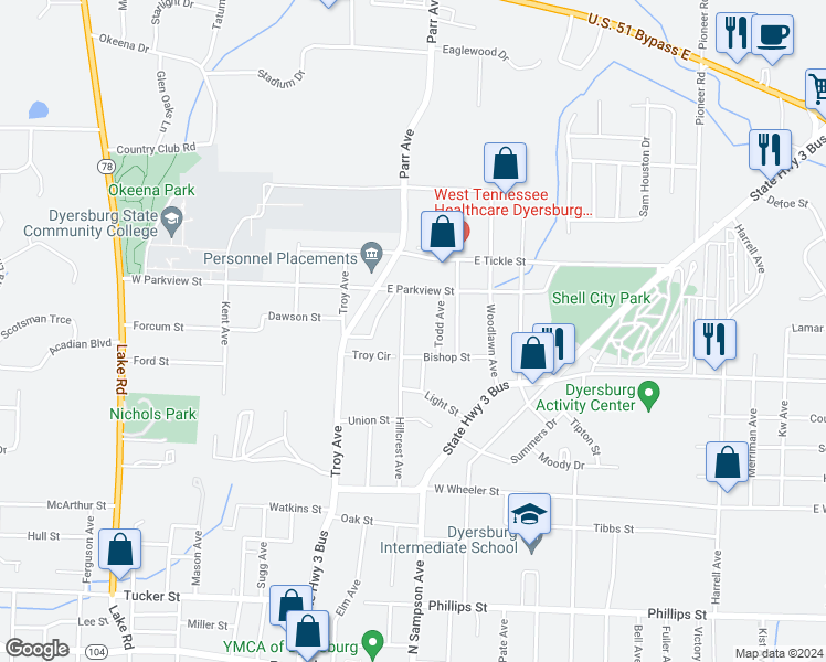 map of restaurants, bars, coffee shops, grocery stores, and more near 1316 Hillcrest Avenue in Dyersburg