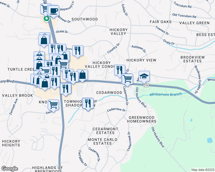 map of restaurants, bars, coffee shops, grocery stores, and more near 711 Apple Court in Nashville