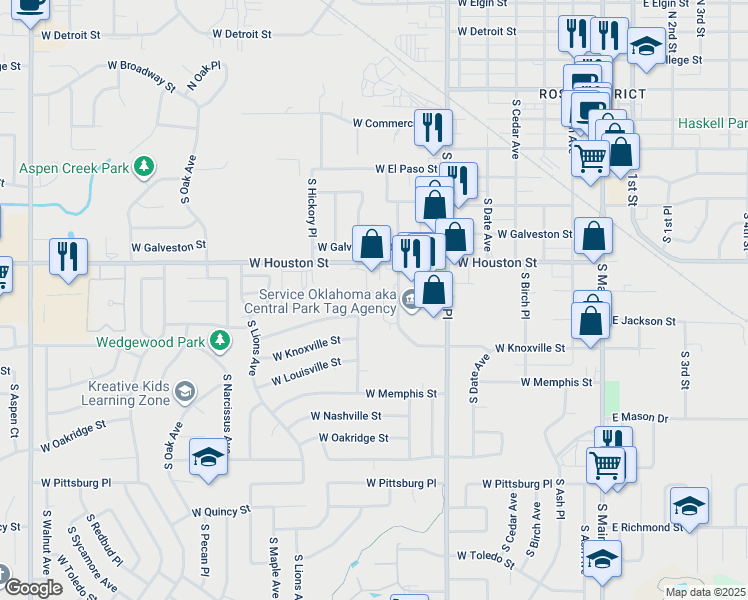 map of restaurants, bars, coffee shops, grocery stores, and more near 1101 West Houston Street in Broken Arrow