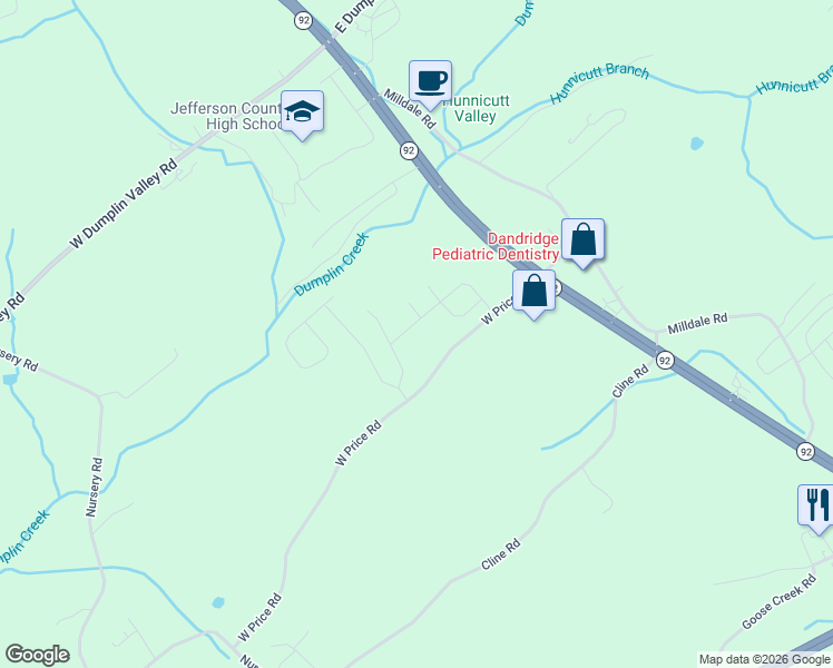 map of restaurants, bars, coffee shops, grocery stores, and more near 100-208 West Price Road in Dandridge