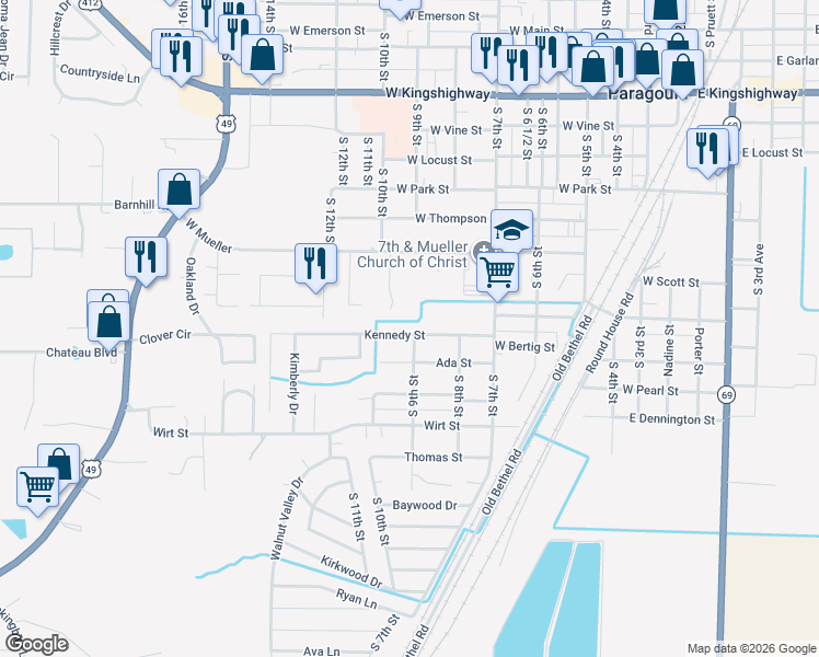 map of restaurants, bars, coffee shops, grocery stores, and more near 901 Kennedy Street in Paragould