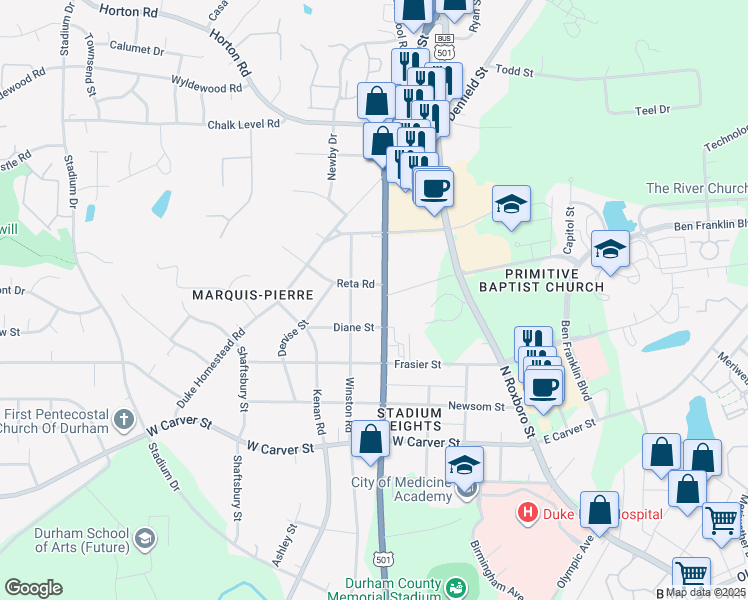 map of restaurants, bars, coffee shops, grocery stores, and more near 3313 North Duke Street in Durham