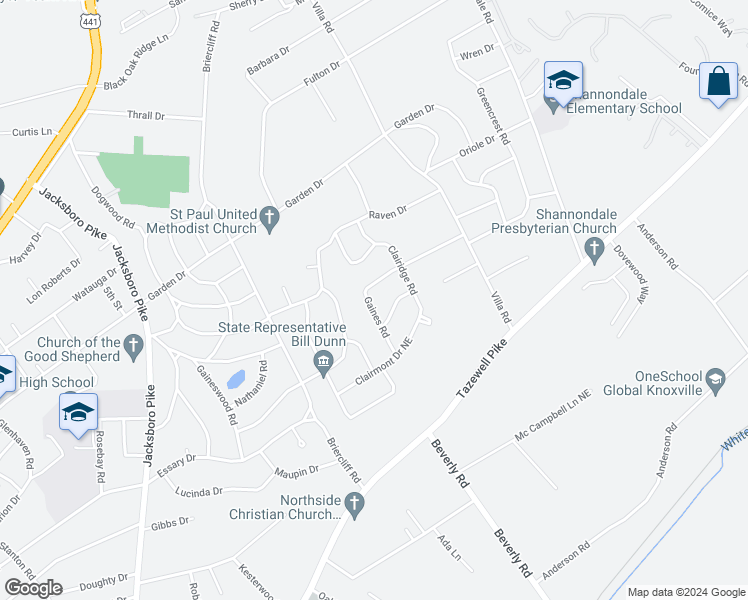 map of restaurants, bars, coffee shops, grocery stores, and more near 4130 Gaines Road in Knoxville