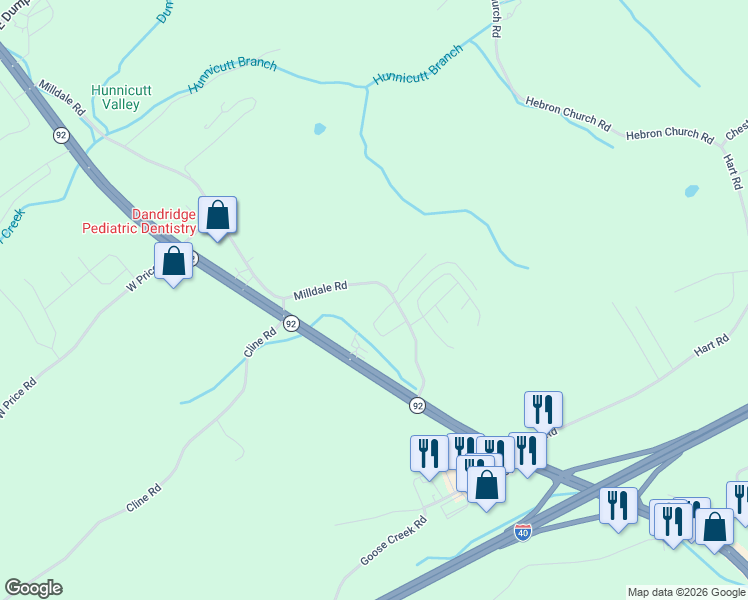 map of restaurants, bars, coffee shops, grocery stores, and more near 331 Milldale Road in Dandridge