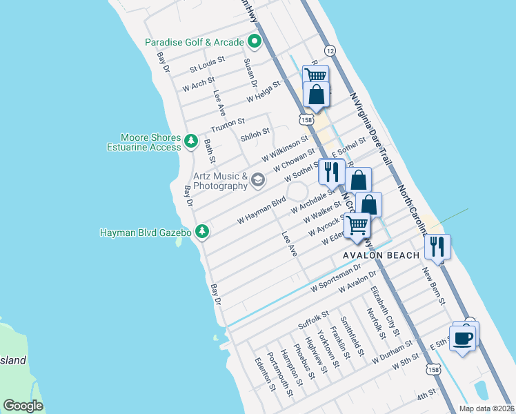 map of restaurants, bars, coffee shops, grocery stores, and more near 416 Hayman Boulevard in Kill Devil Hills