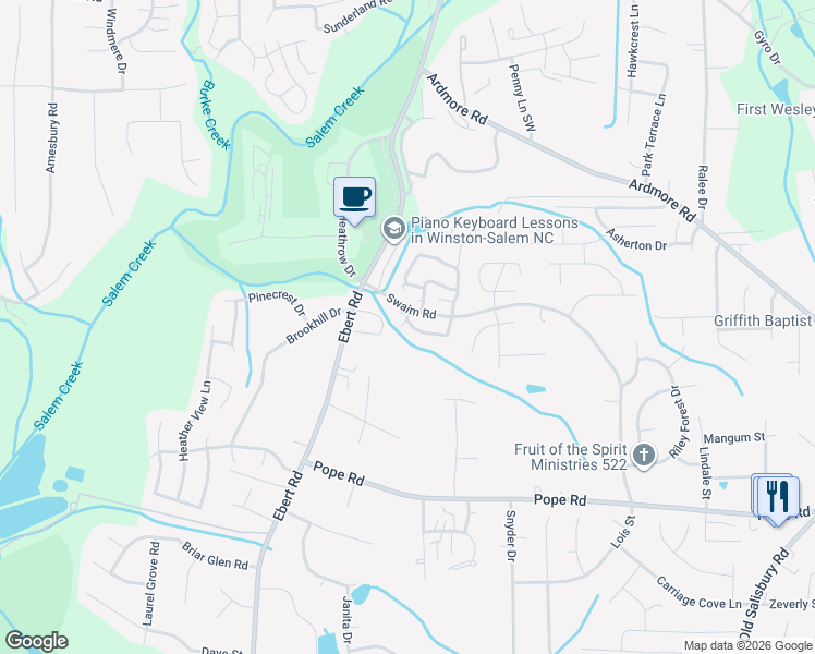 map of restaurants, bars, coffee shops, grocery stores, and more near 2048 Swaim Road in Winston-Salem