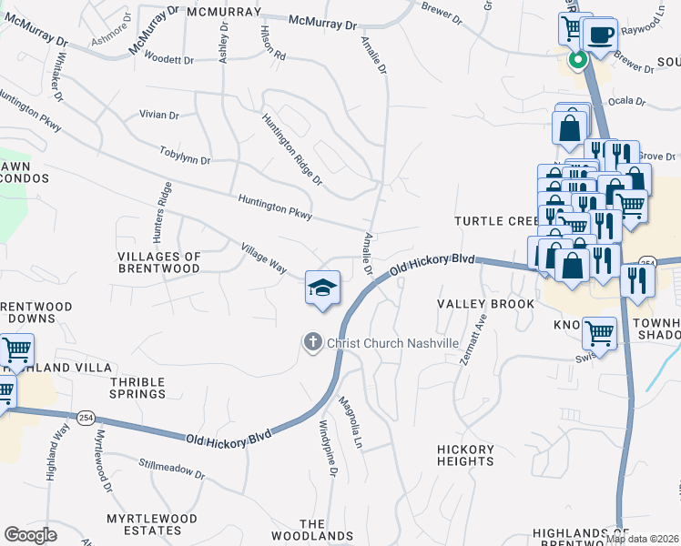 map of restaurants, bars, coffee shops, grocery stores, and more near 359 Yorkshire Circle in Nashville