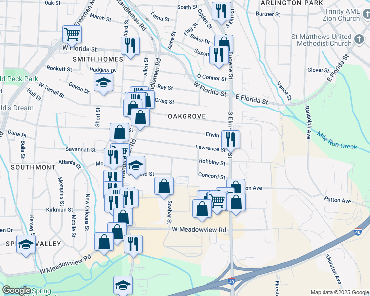 map of restaurants, bars, coffee shops, grocery stores, and more near 213 Lawrence Street in Greensboro