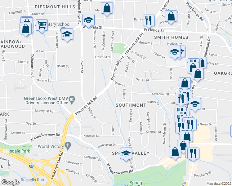 map of restaurants, bars, coffee shops, grocery stores, and more near 2112 Langley Avenue in Greensboro