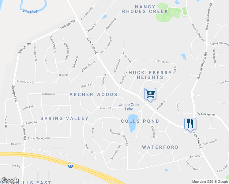 map of restaurants, bars, coffee shops, grocery stores, and more near 925 Fleming Drive in Durham