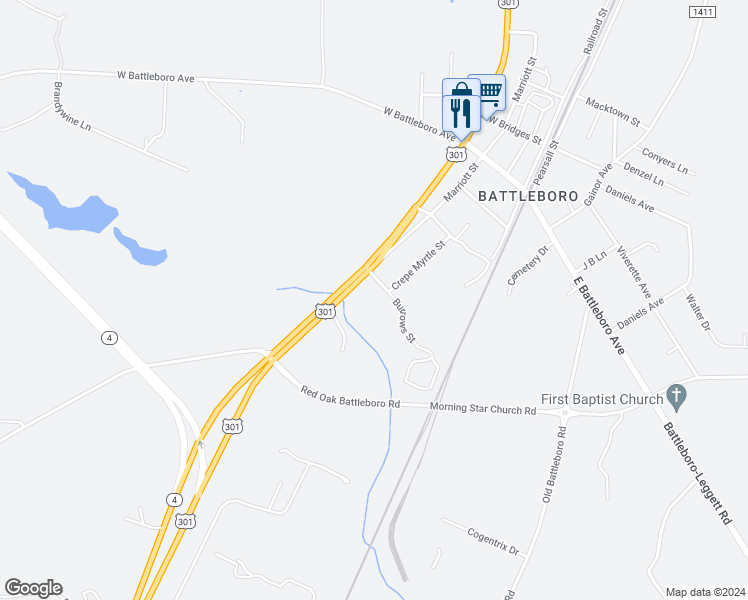 map of restaurants, bars, coffee shops, grocery stores, and more near 4725 Hathaway Street in Rocky Mount