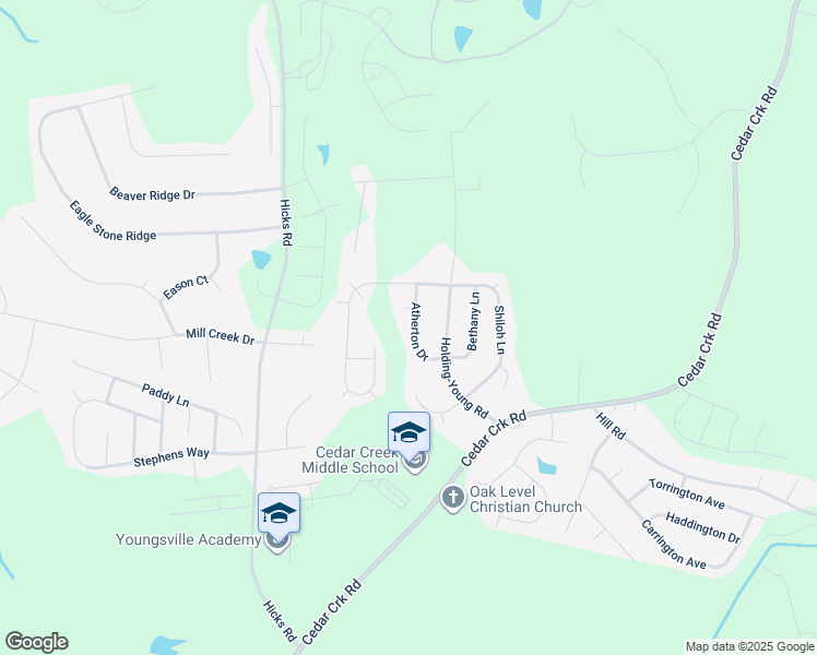 map of restaurants, bars, coffee shops, grocery stores, and more near 95 Atherton Drive in Youngsville