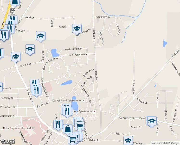 map of restaurants, bars, coffee shops, grocery stores, and more near 612 East Carver Street in Durham