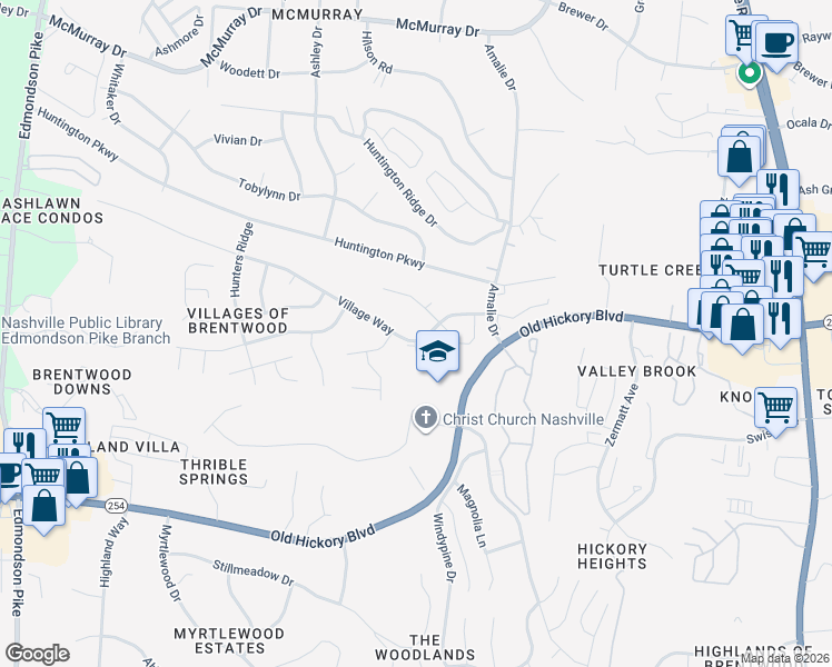 map of restaurants, bars, coffee shops, grocery stores, and more near 5216 Village Way in Nashville
