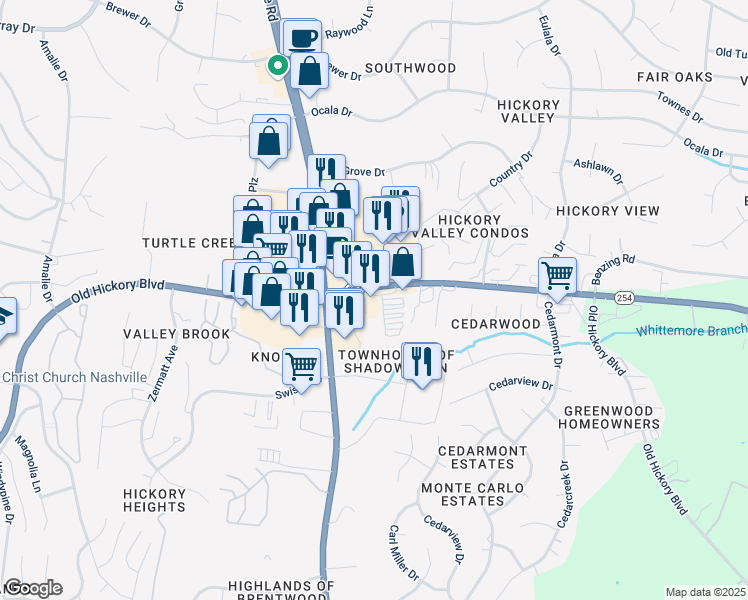 map of restaurants, bars, coffee shops, grocery stores, and more near 14991 Old Hickory Boulevard in Nashville