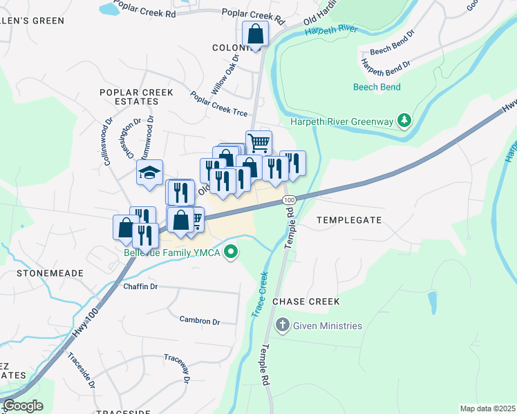 map of restaurants, bars, coffee shops, grocery stores, and more near 8016 Highway 100 in Nashville