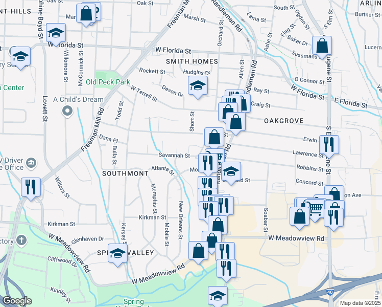 map of restaurants, bars, coffee shops, grocery stores, and more near 502 Savannah Street in Greensboro