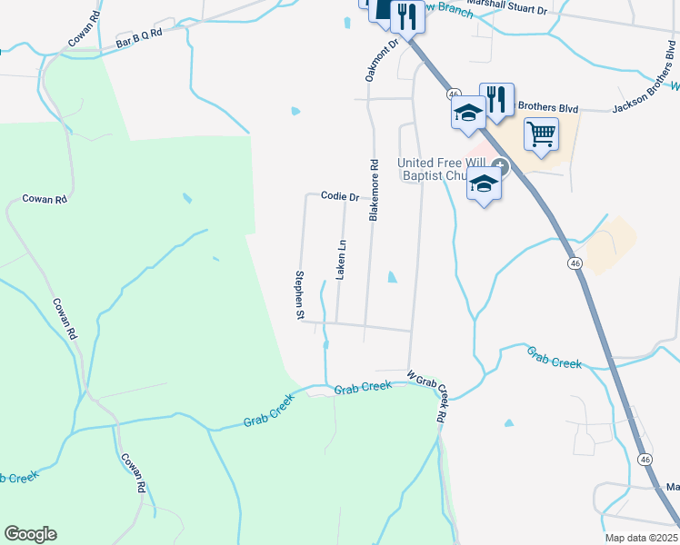map of restaurants, bars, coffee shops, grocery stores, and more near 107 Laken Lane in Dickson